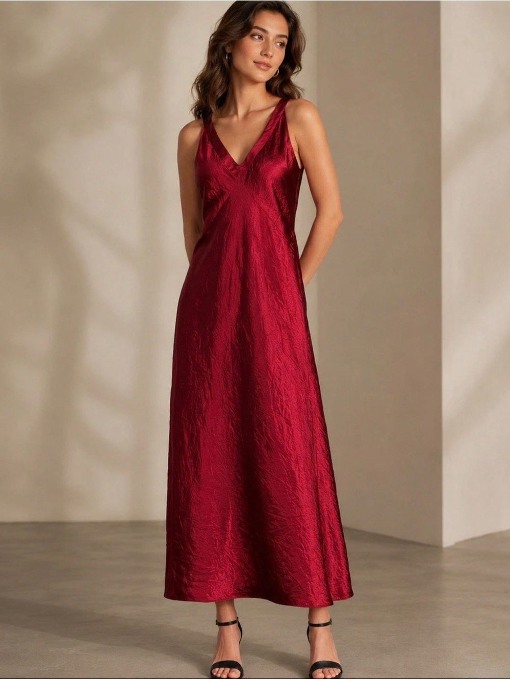 Eileen Fisher Red Satin Bias-Cut V-Neck Sleeveless Slip Dress SzL $298 Ruby